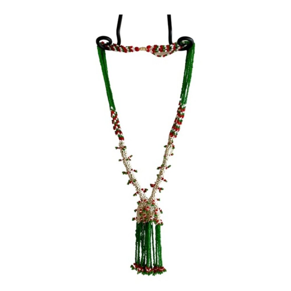 Multi Strand Red, Green, White Beaded Tassel Tribal Style Necklace 20” Drop - Picture 3 of 10